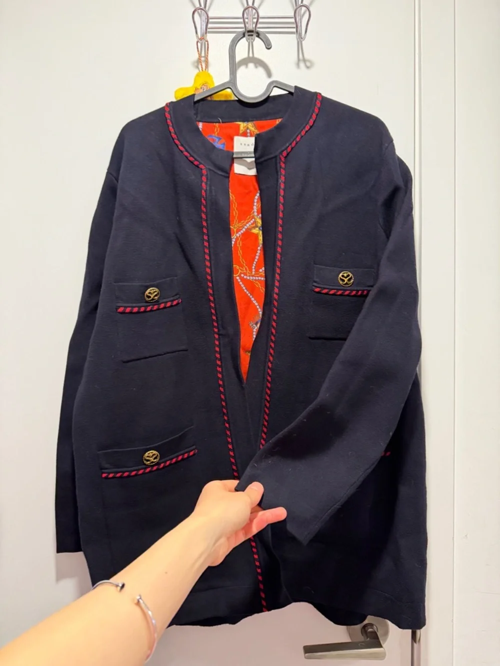Sandro Navy Open-Front Cardigan with Red Trim - Picture 7 of 8